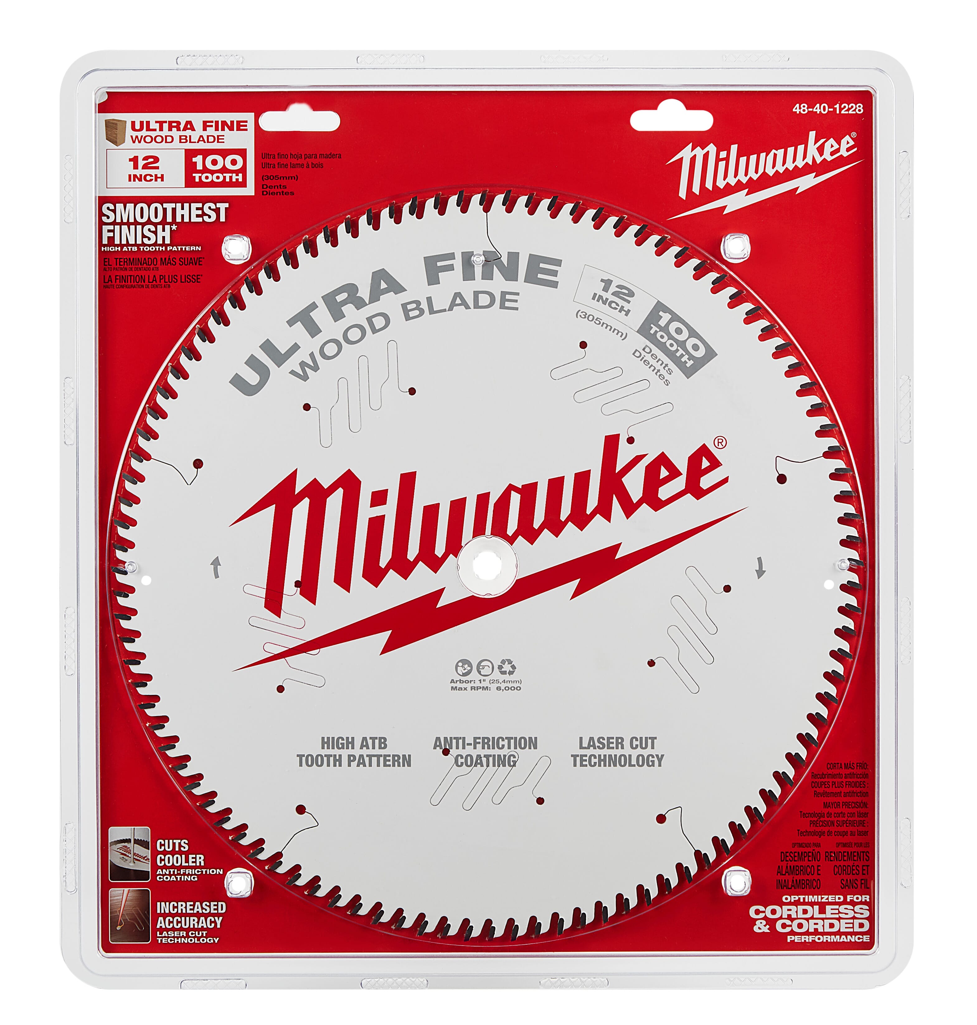 Milwaukee® 48-40-1228 Thin Kerf Ultra Fine Finish Circular Saw Blade, 12 in Dia x 1.05 in THK, 1 in Arbor, Carbide Blade, 100 Teeth